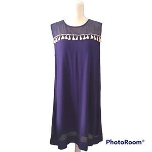 THML by Anthropologie navy blue tassel yoke keyhole back sleeveless sheath dress